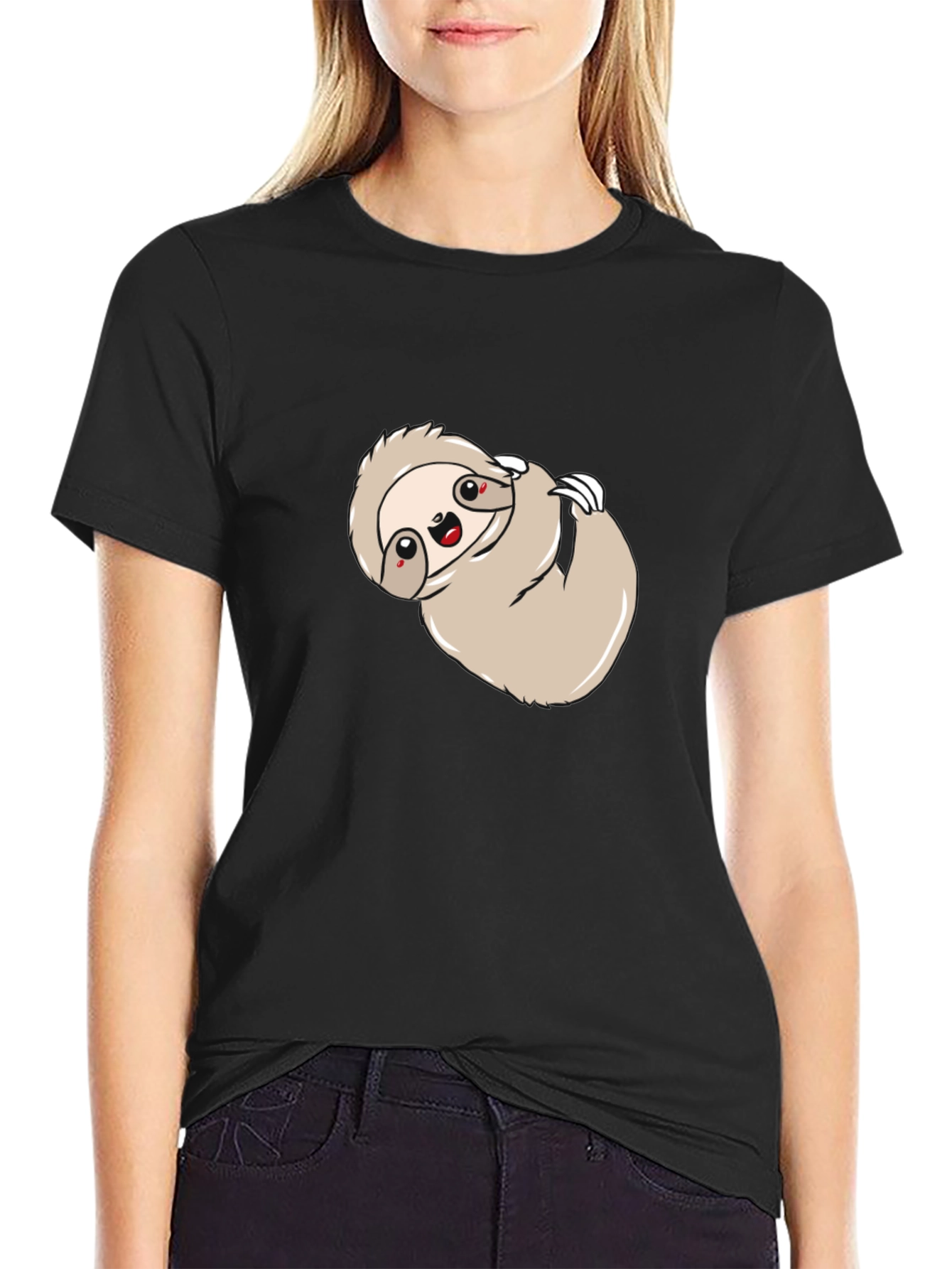 Cute Sloth Graphic Print Black Tee Shirt