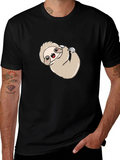 Cute Sloth Graphic Print Black Tee Shirt