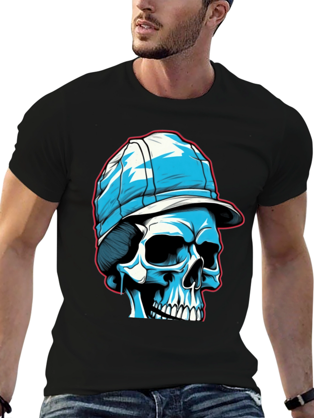Skull in Cap Graphic Tee - Black Cotton Blend