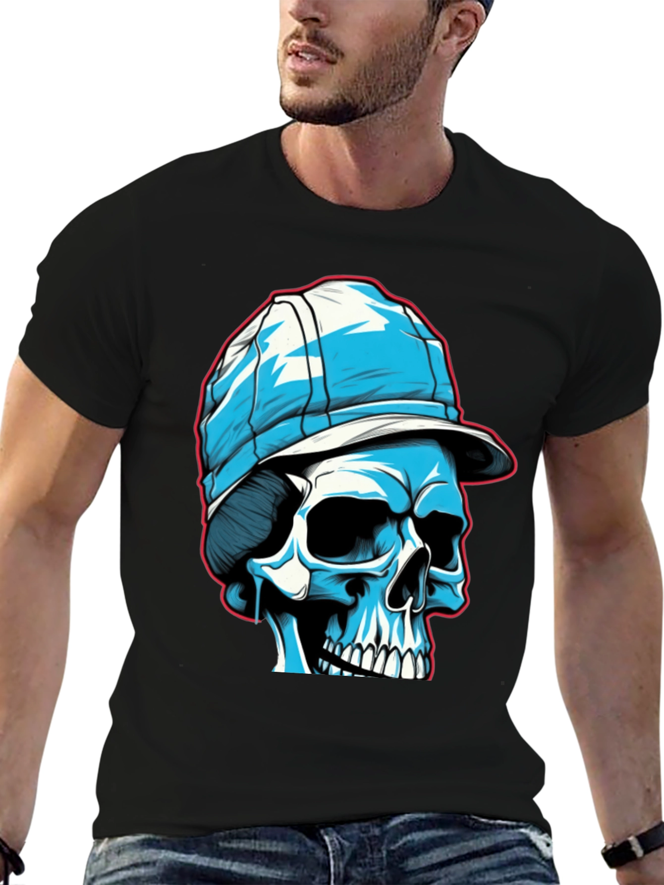 Skull in Cap Graphic Tee - Black Cotton Blend