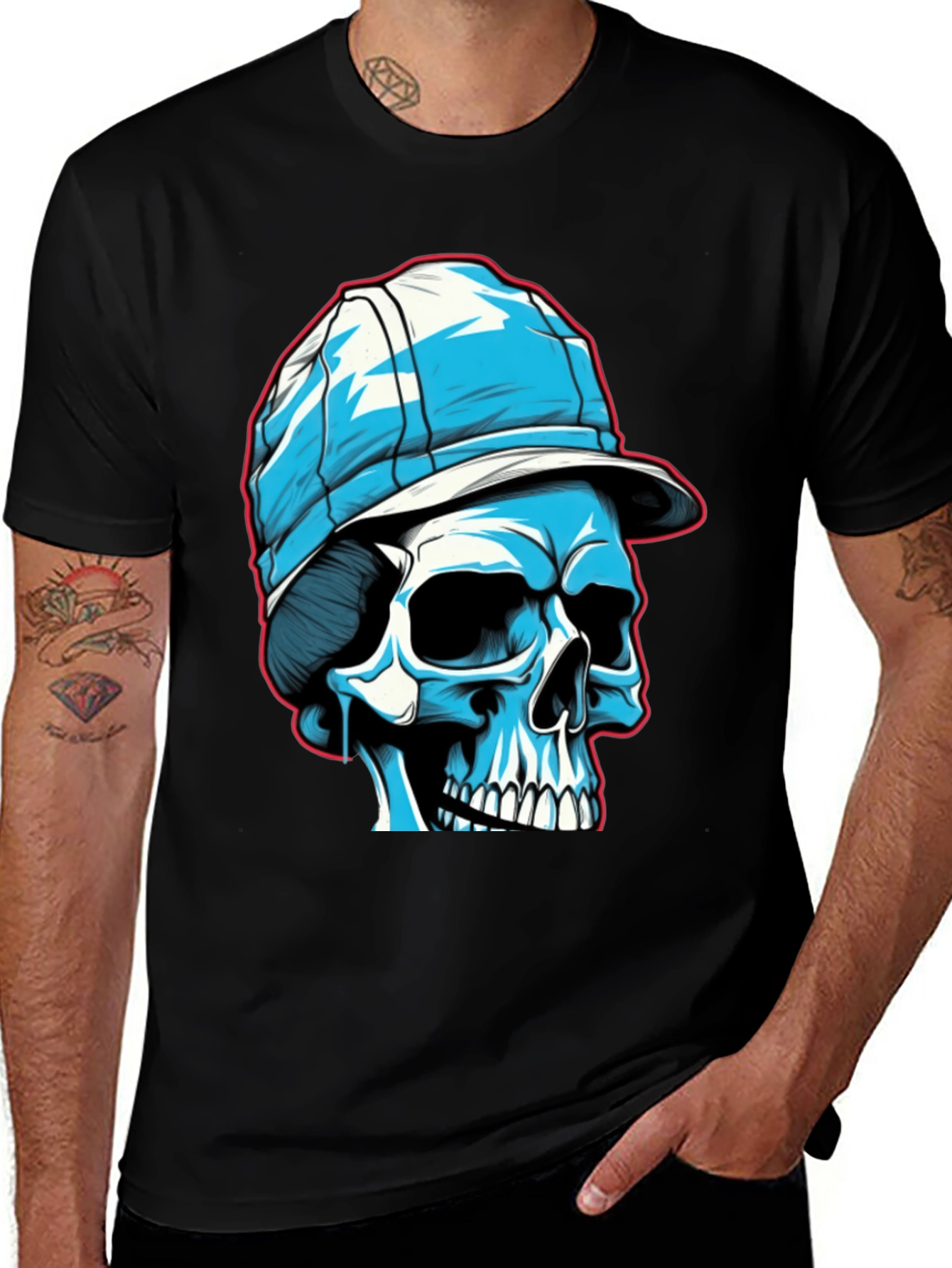 Skull in Cap Graphic Tee - Black Cotton Blend