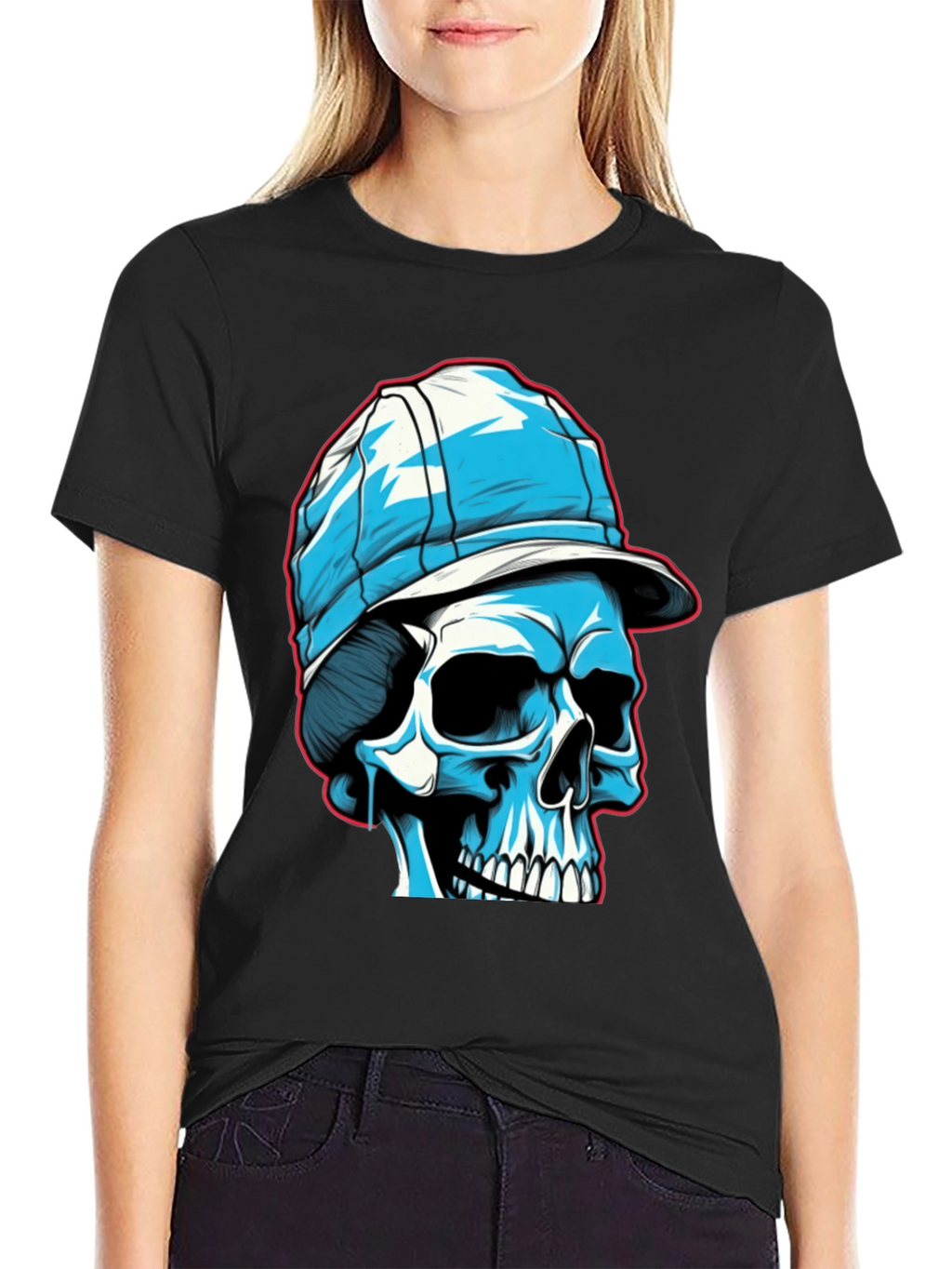Skull in Cap Graphic Tee - Black Cotton Blend