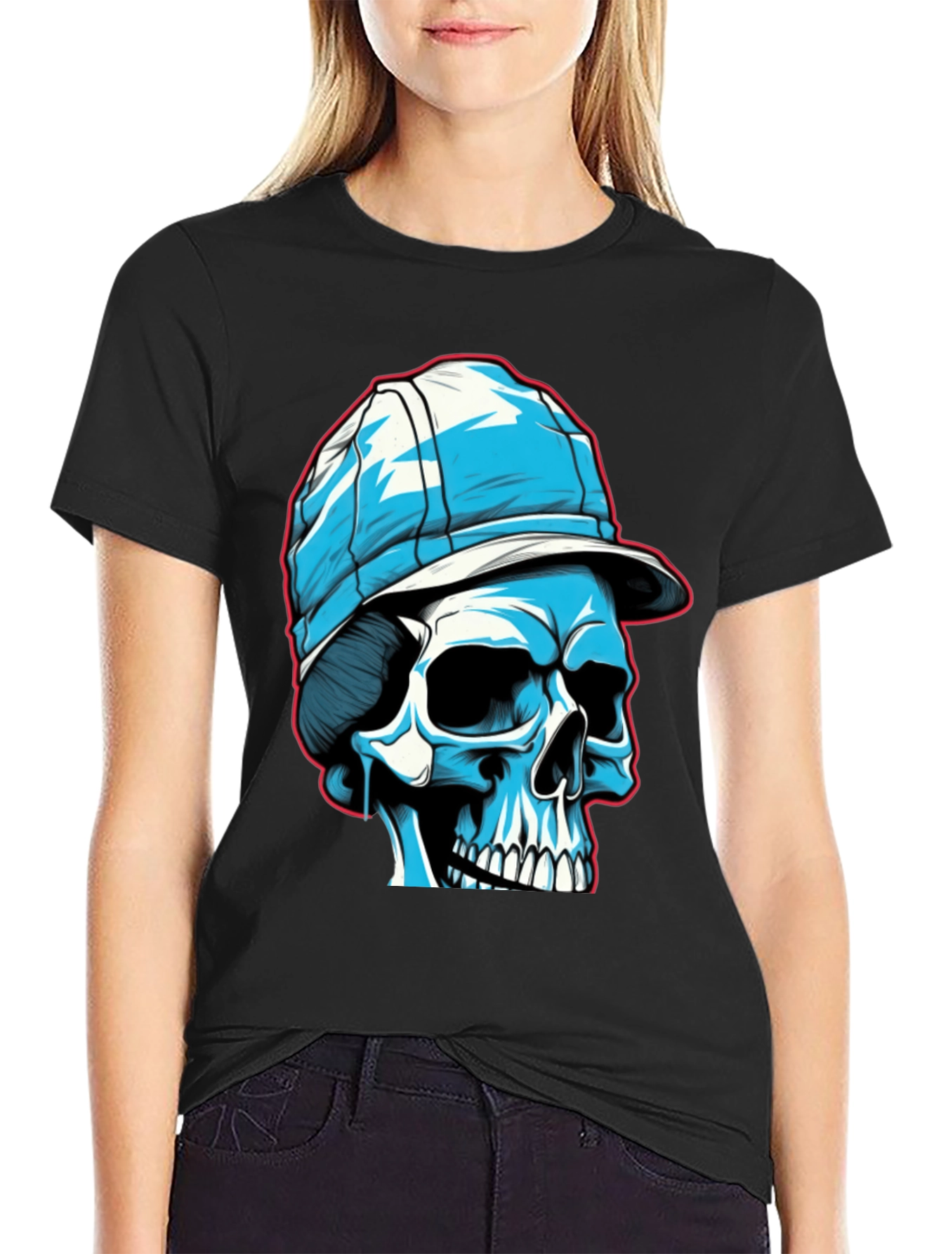 Skull in Cap Graphic Tee - Black Cotton Blend