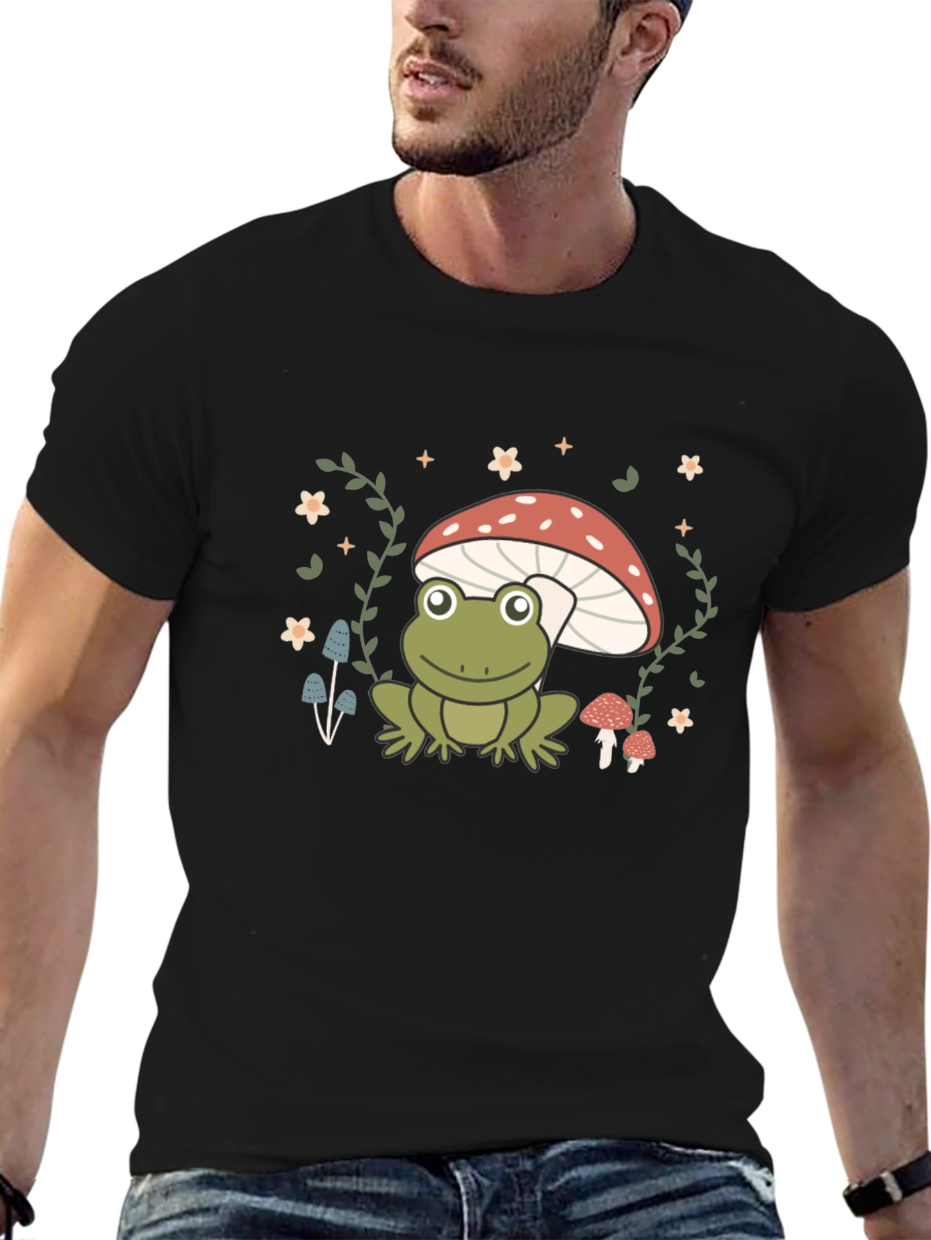 Frog on Mushroom Black Graphic Tee
