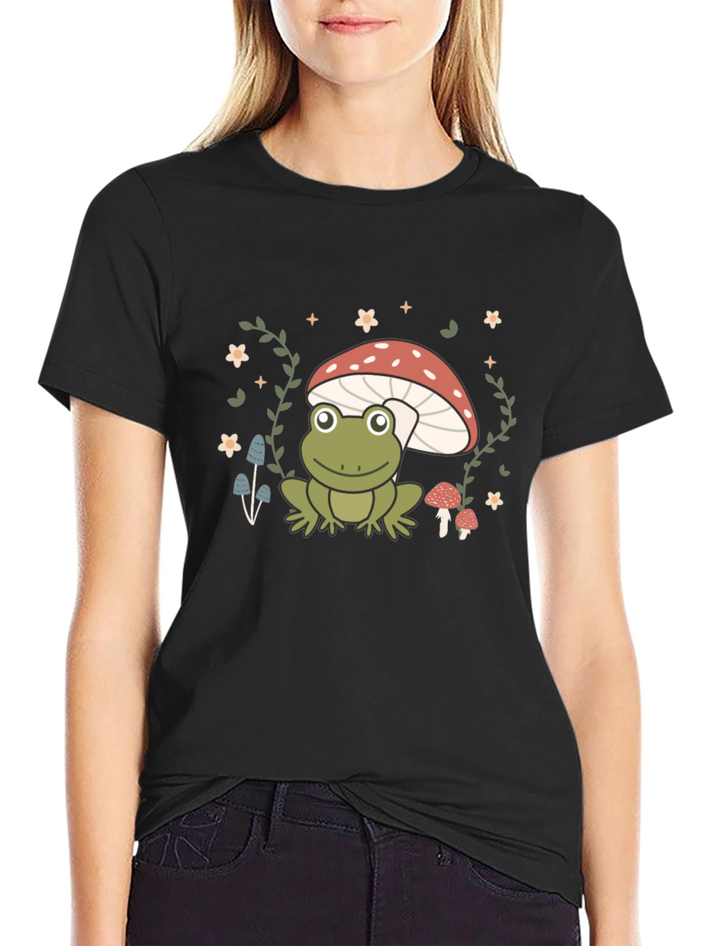 Frog on Mushroom Black Graphic Tee