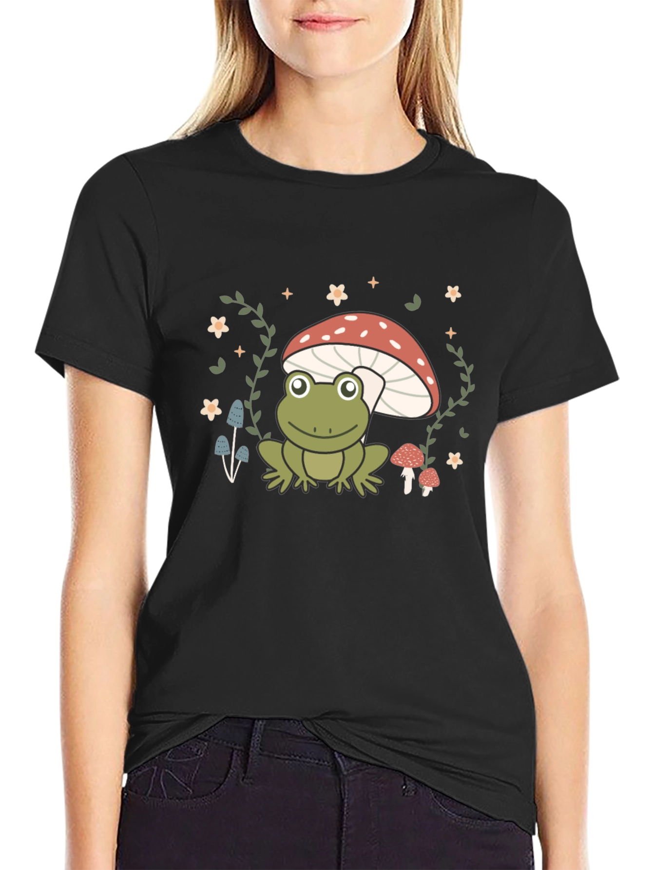 Frog on Mushroom Black Graphic Tee