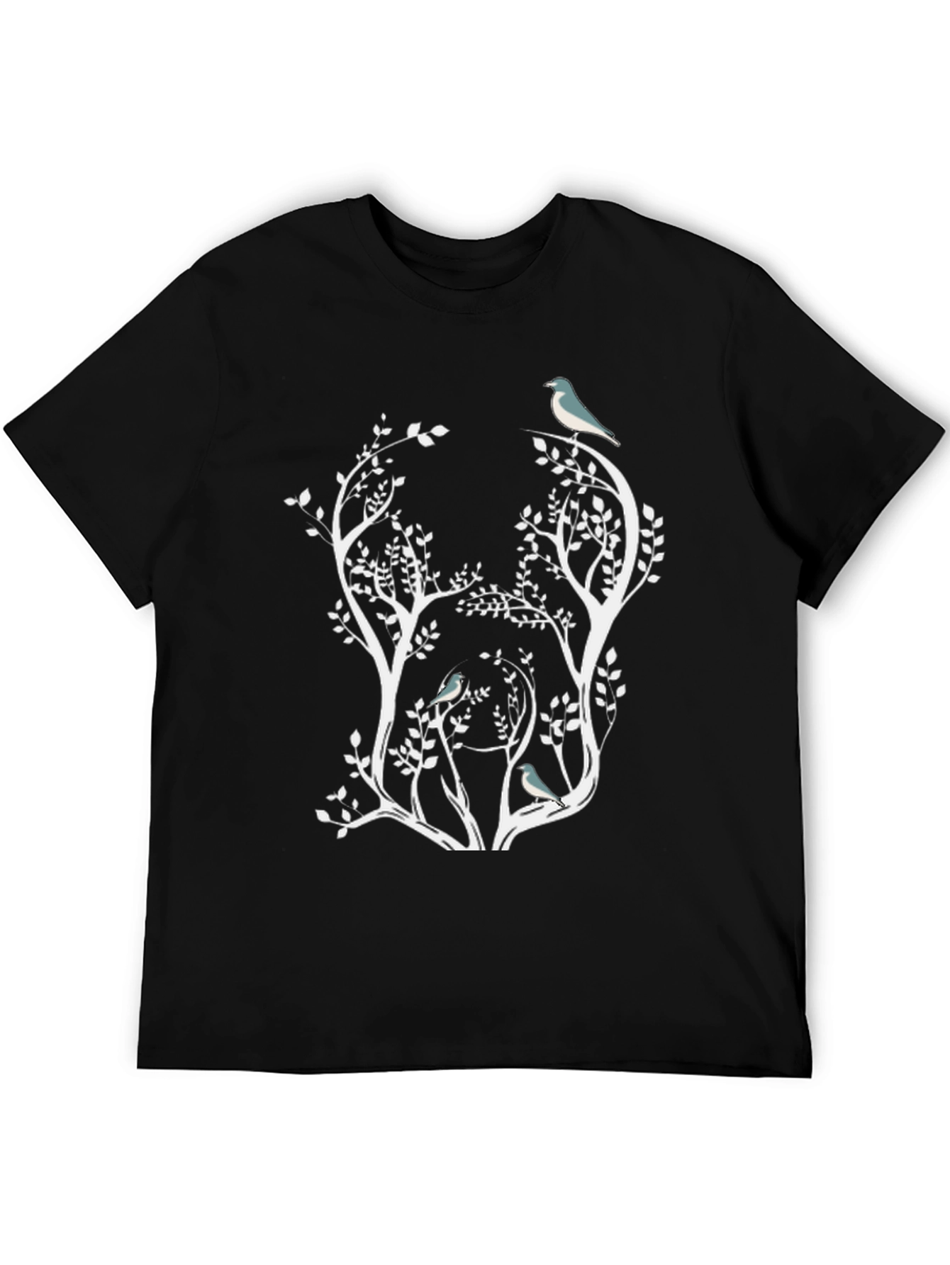 Nature Inspired Bird & Tree Graphic Black T-Shirt