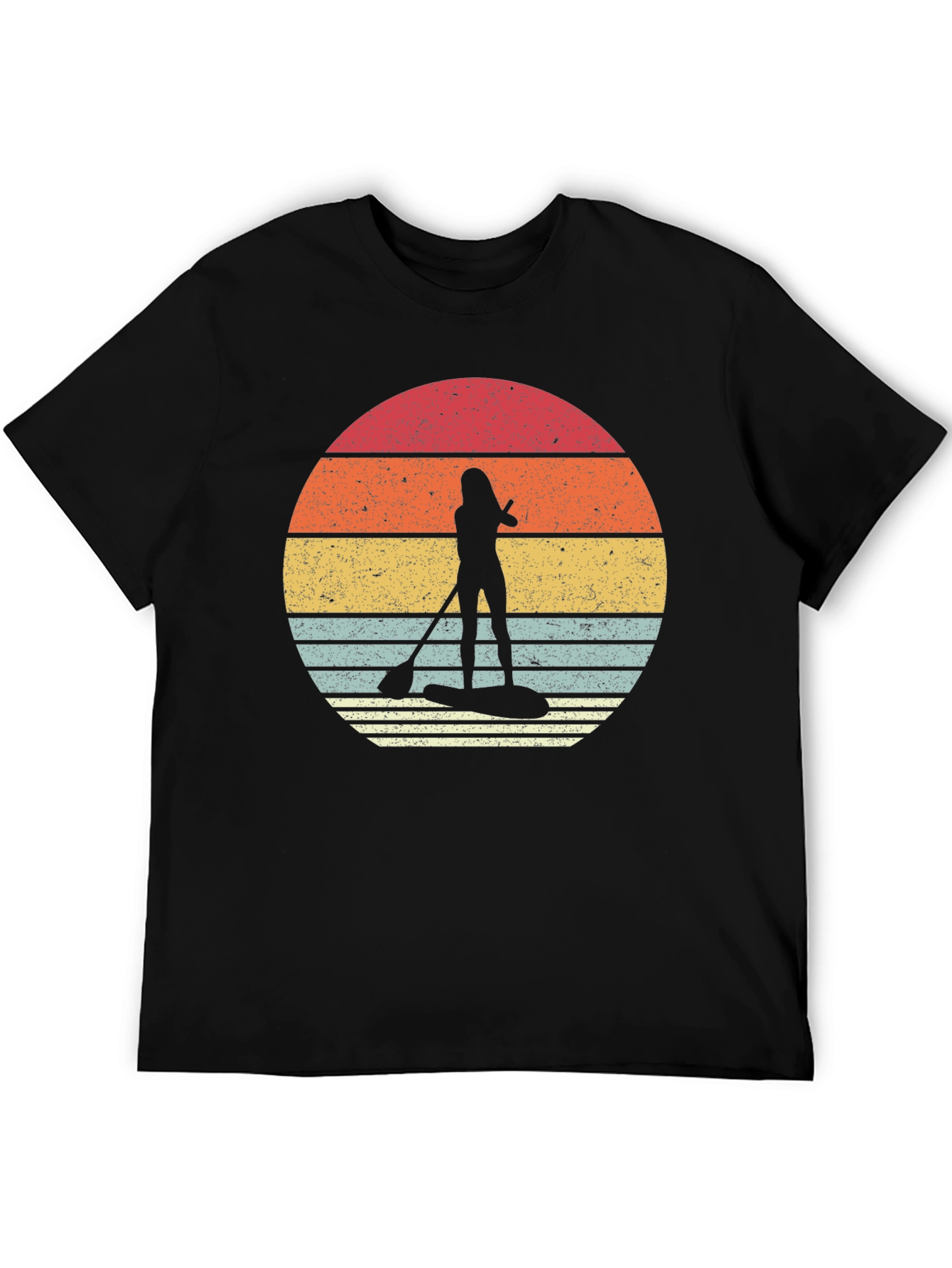 Retro Sunset Paddleboarder Black T-Shirt