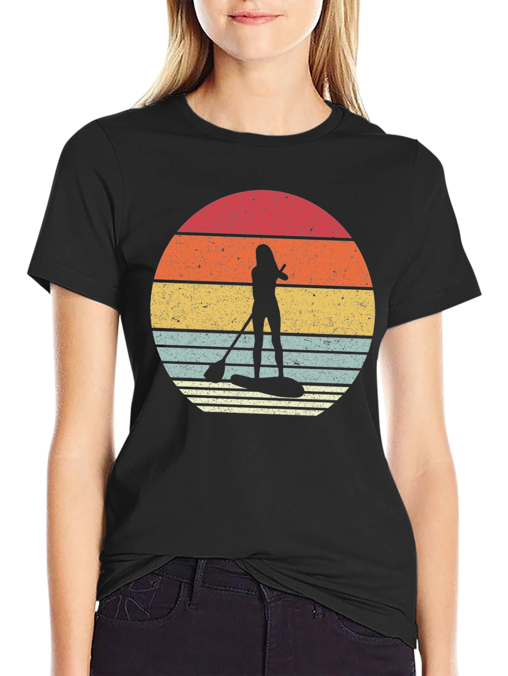 Retro Sunset Paddleboarder Black T-Shirt