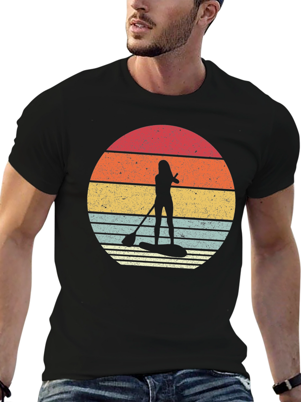 Retro Sunset Paddleboarder Black T-Shirt