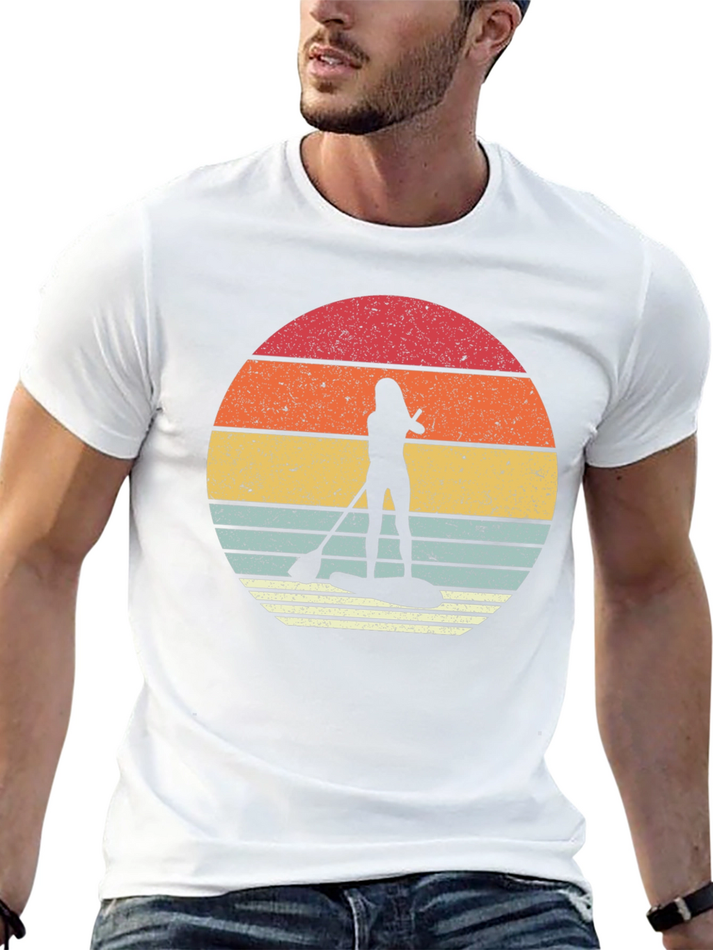 Retro Sunset Paddleboarder Black T-Shirt