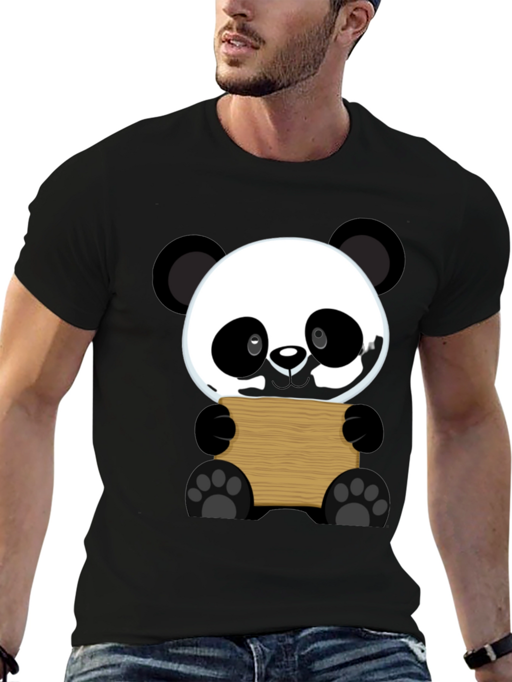 Cute Panda Holding Sign Black T-Shirt