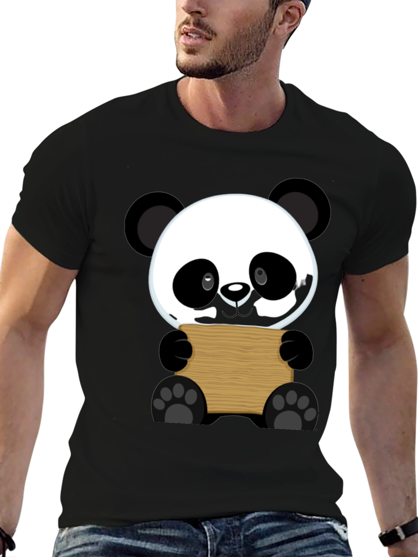 Cute Panda Holding Sign Black T-Shirt