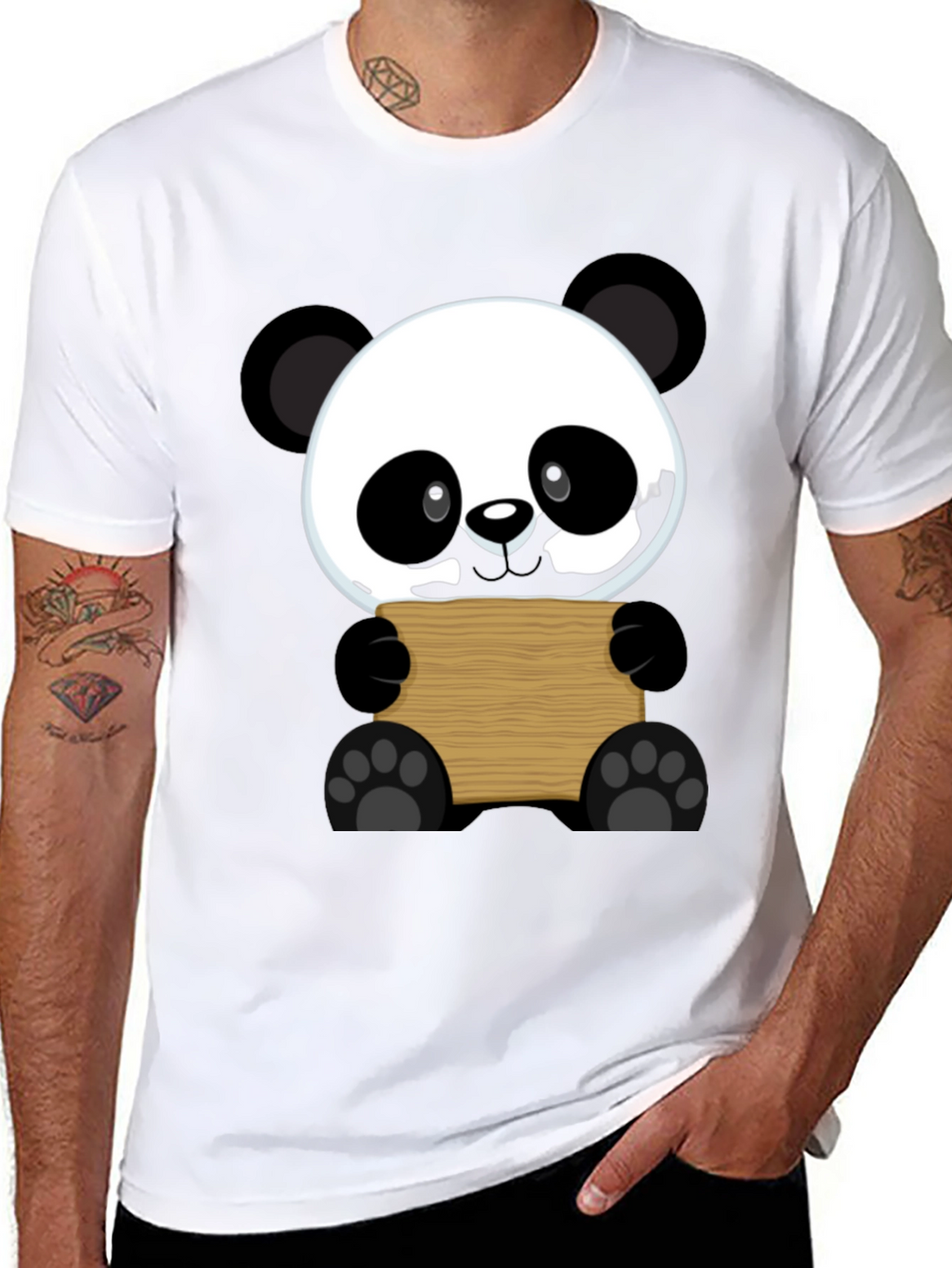 Cute Panda Holding Sign Black T-Shirt