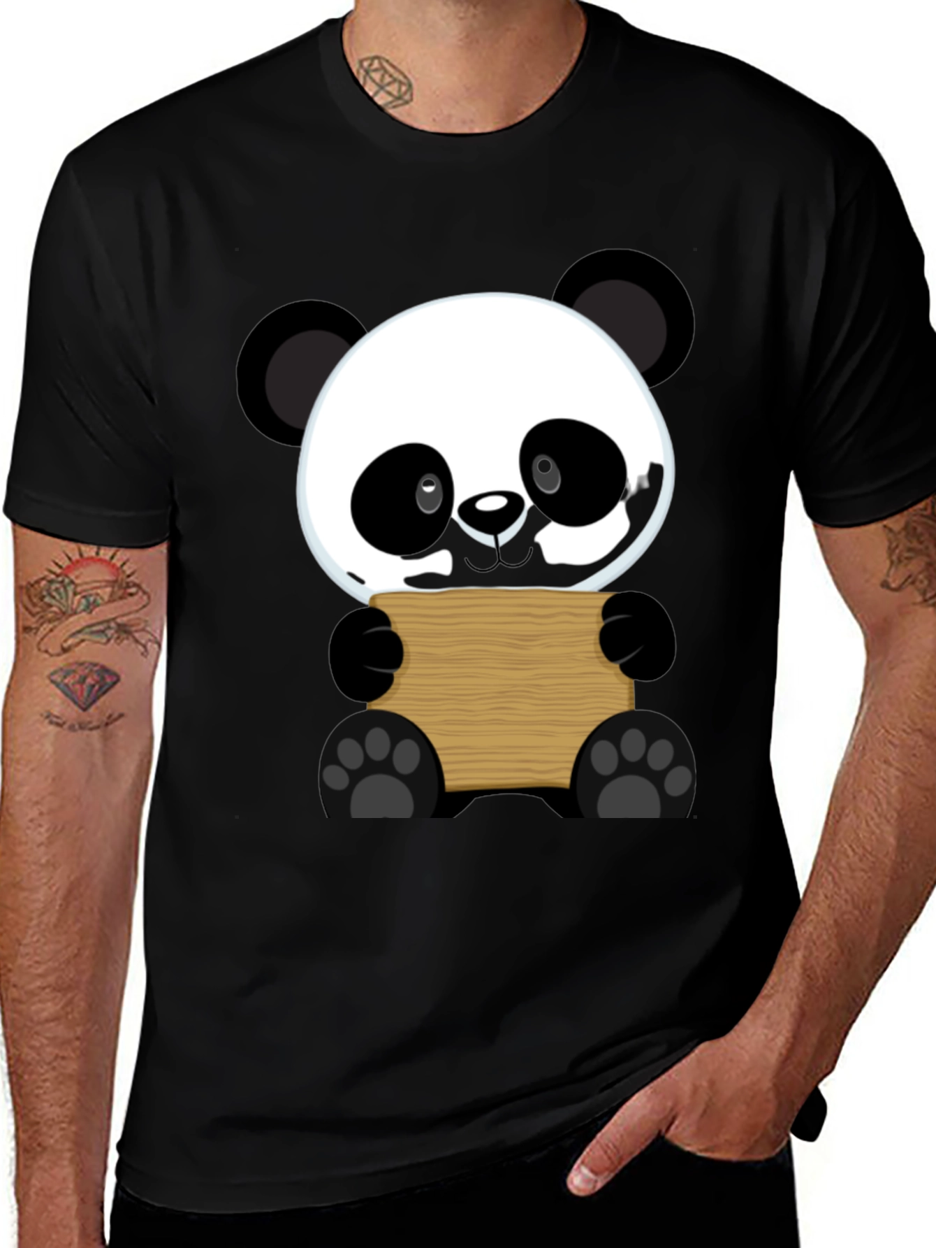 Cute Panda Holding Sign Black T-Shirt