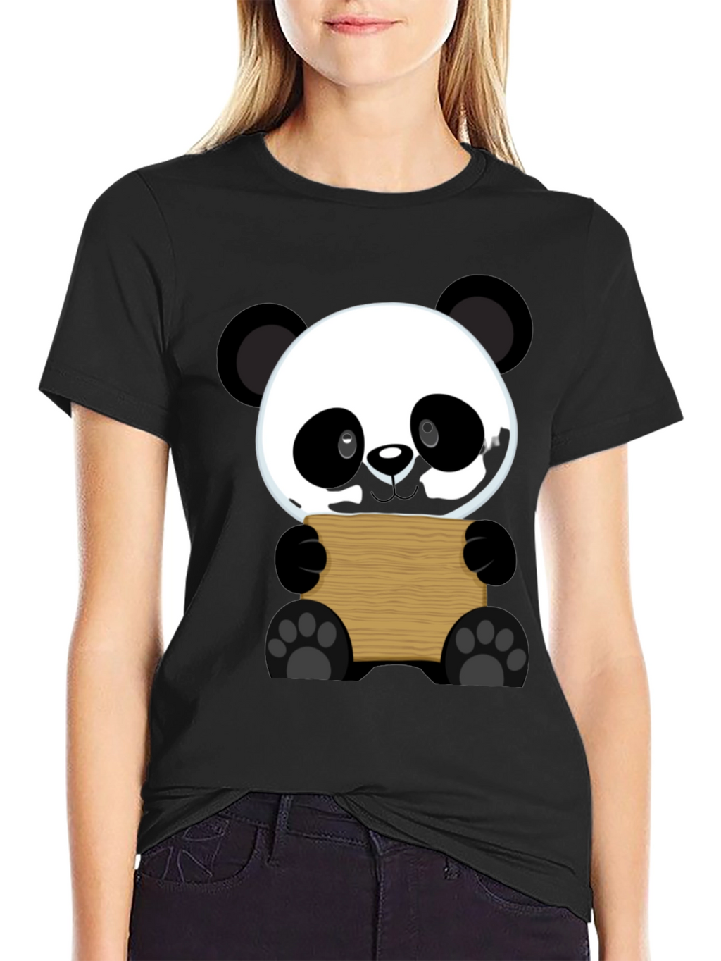 Cute Panda Holding Sign Black T-Shirt