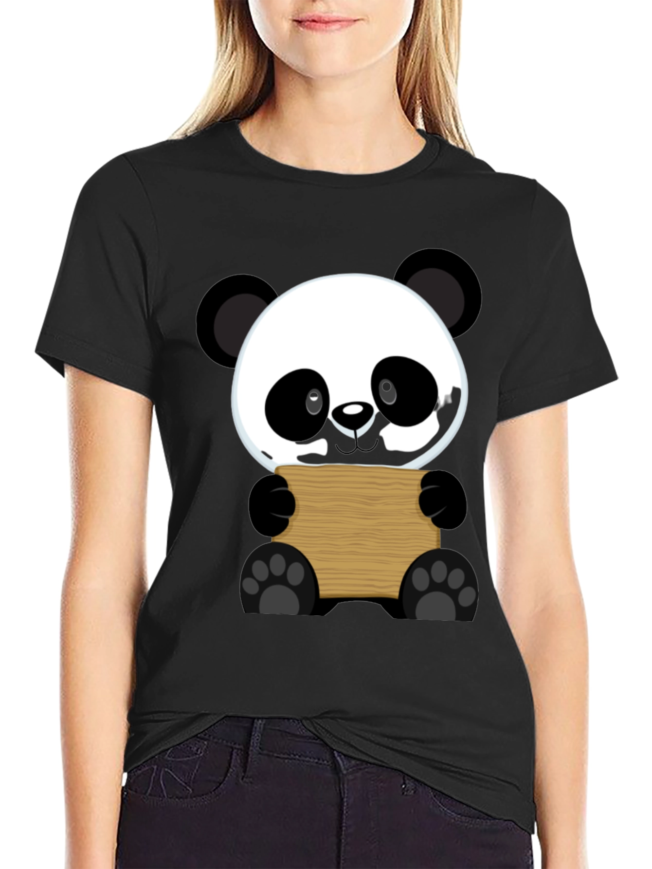 Cute Panda Holding Sign Black T-Shirt