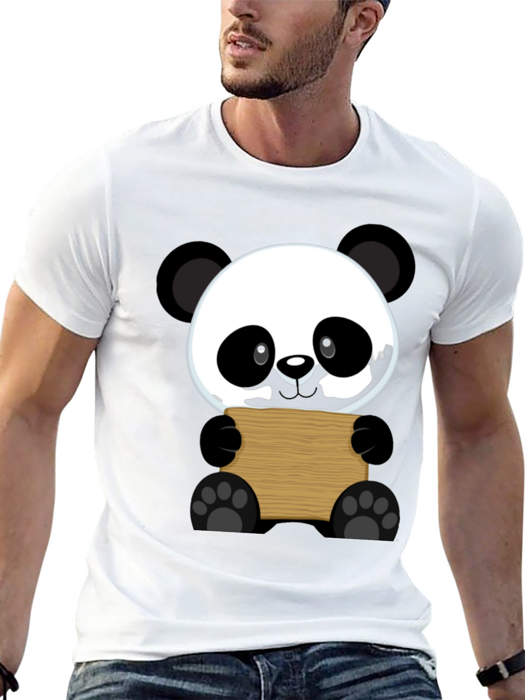 Cute Panda Holding Sign Black T-Shirt