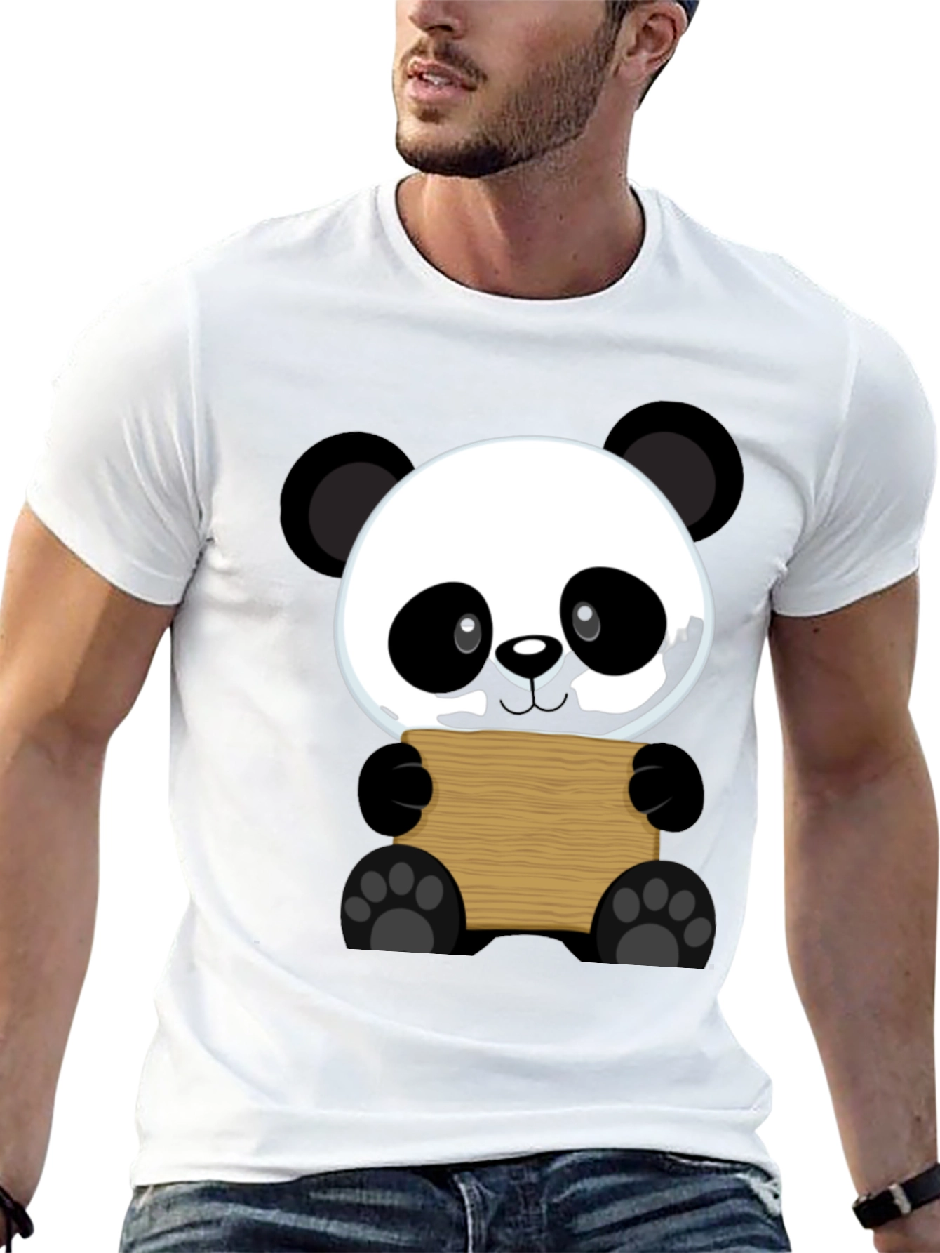 Cute Panda Holding Sign Black T-Shirt