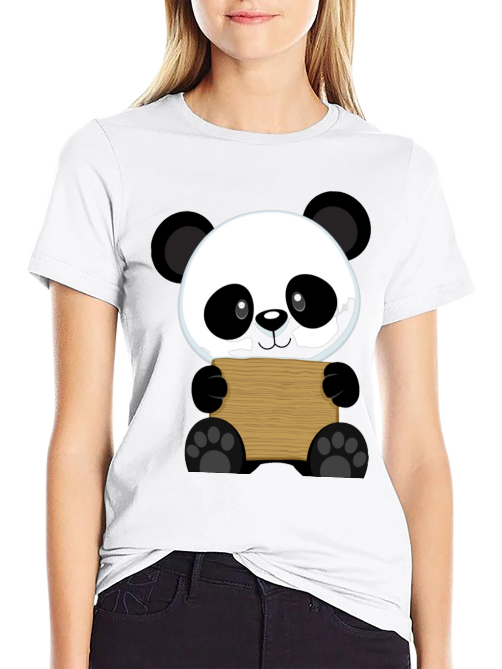 Cute Panda Holding Sign Black T-Shirt