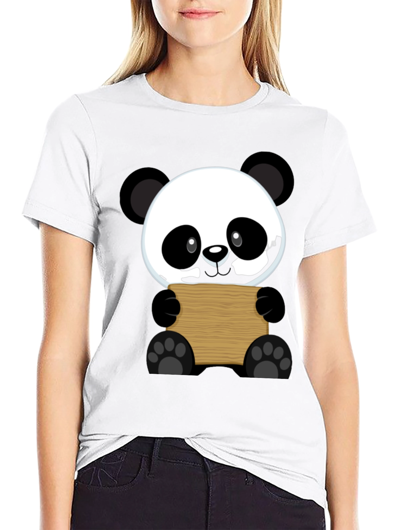Cute Panda Holding Sign Black T-Shirt