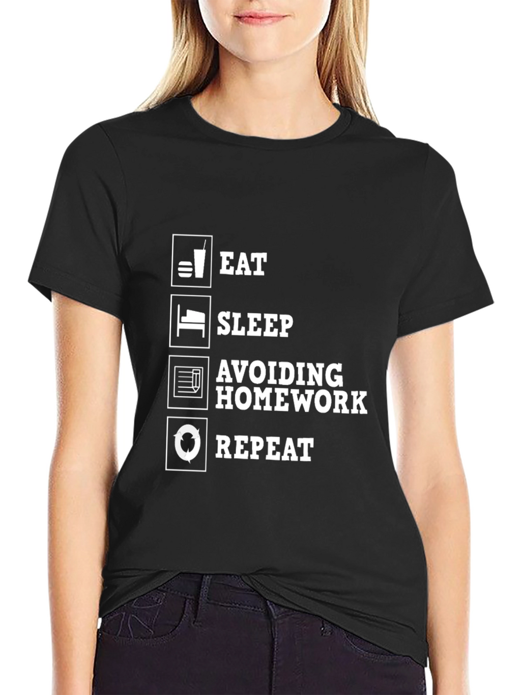 Eat Sleep Avoiding Homework Repeat Black Graphic Tee
