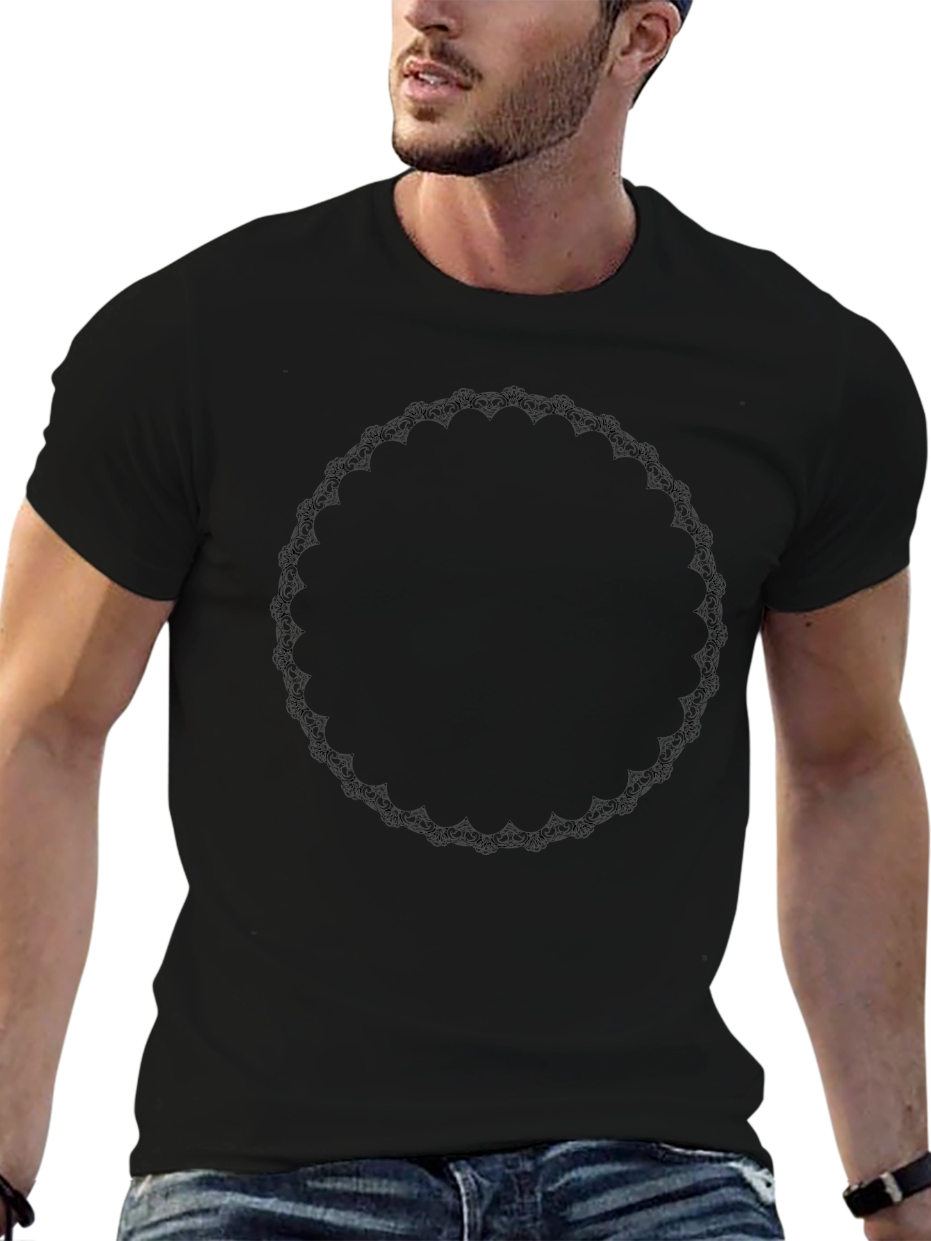 Black Tee with Decorative Circular Design