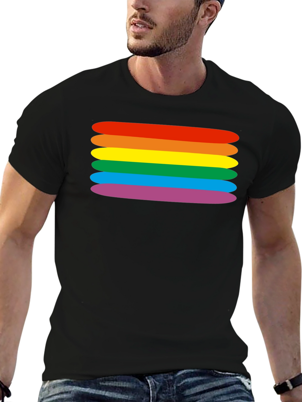 Rainbow Stripes Graphic Tee - Black Cotton Blend T-Shirt