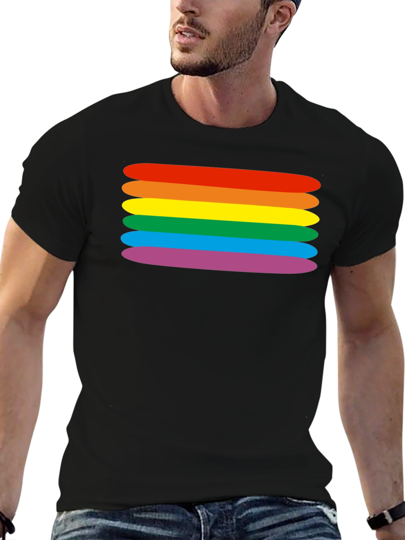 Rainbow Stripes Graphic Tee - Black Cotton Blend T-Shirt