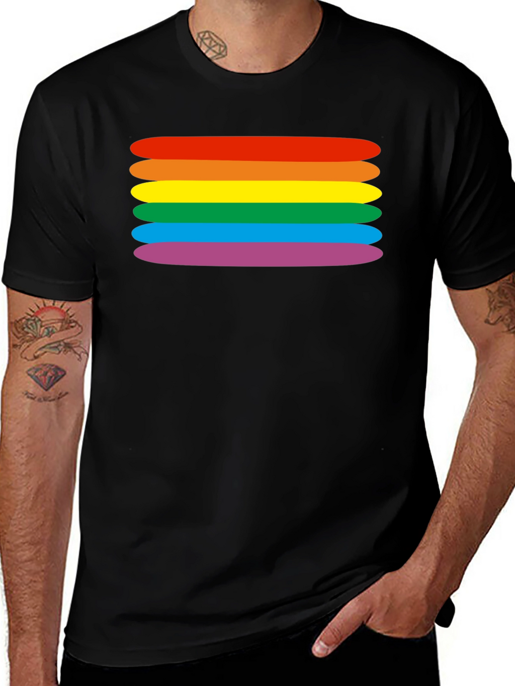 Rainbow Stripes Graphic Tee - Black Cotton Blend T-Shirt