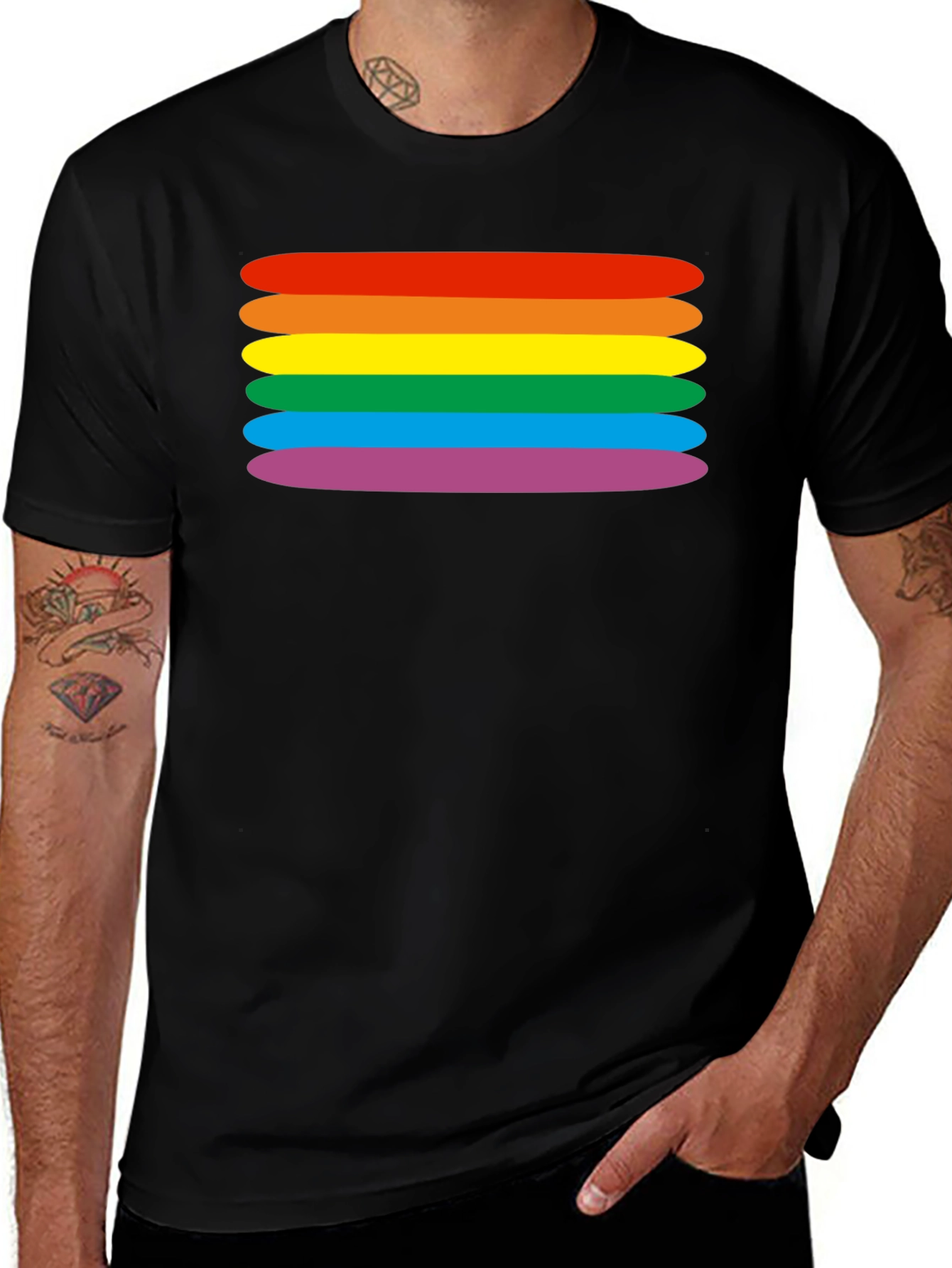 Rainbow Stripes Graphic Tee - Black Cotton Blend T-Shirt