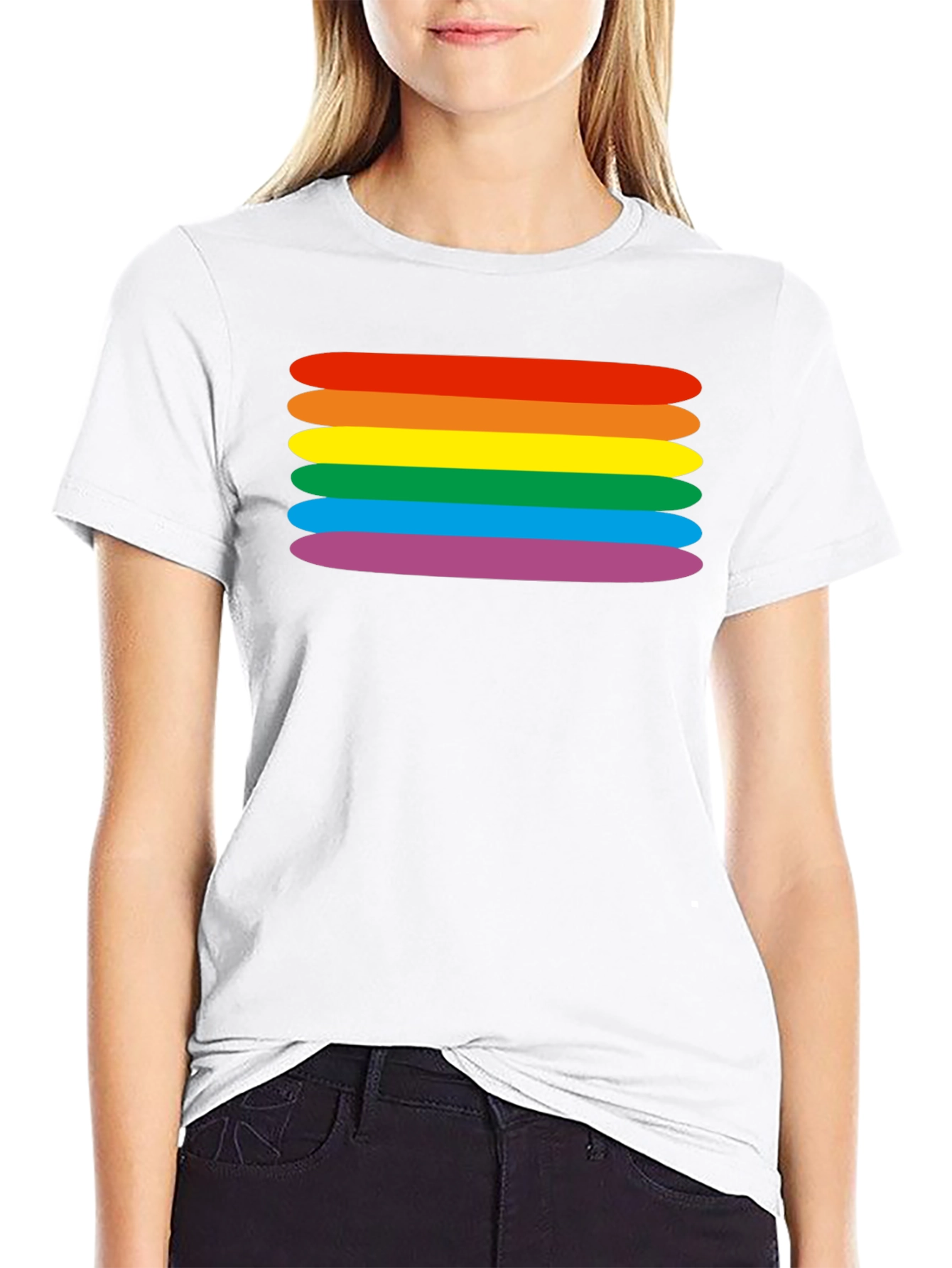 Rainbow Stripes Graphic Tee - Black Cotton Blend T-Shirt