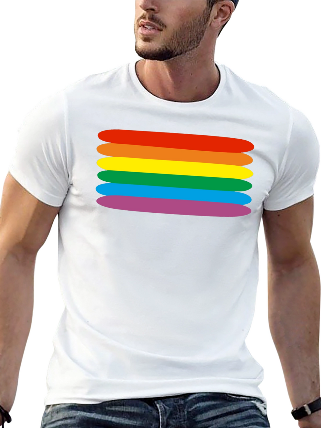 Rainbow Stripes Graphic Tee - Black Cotton Blend T-Shirt