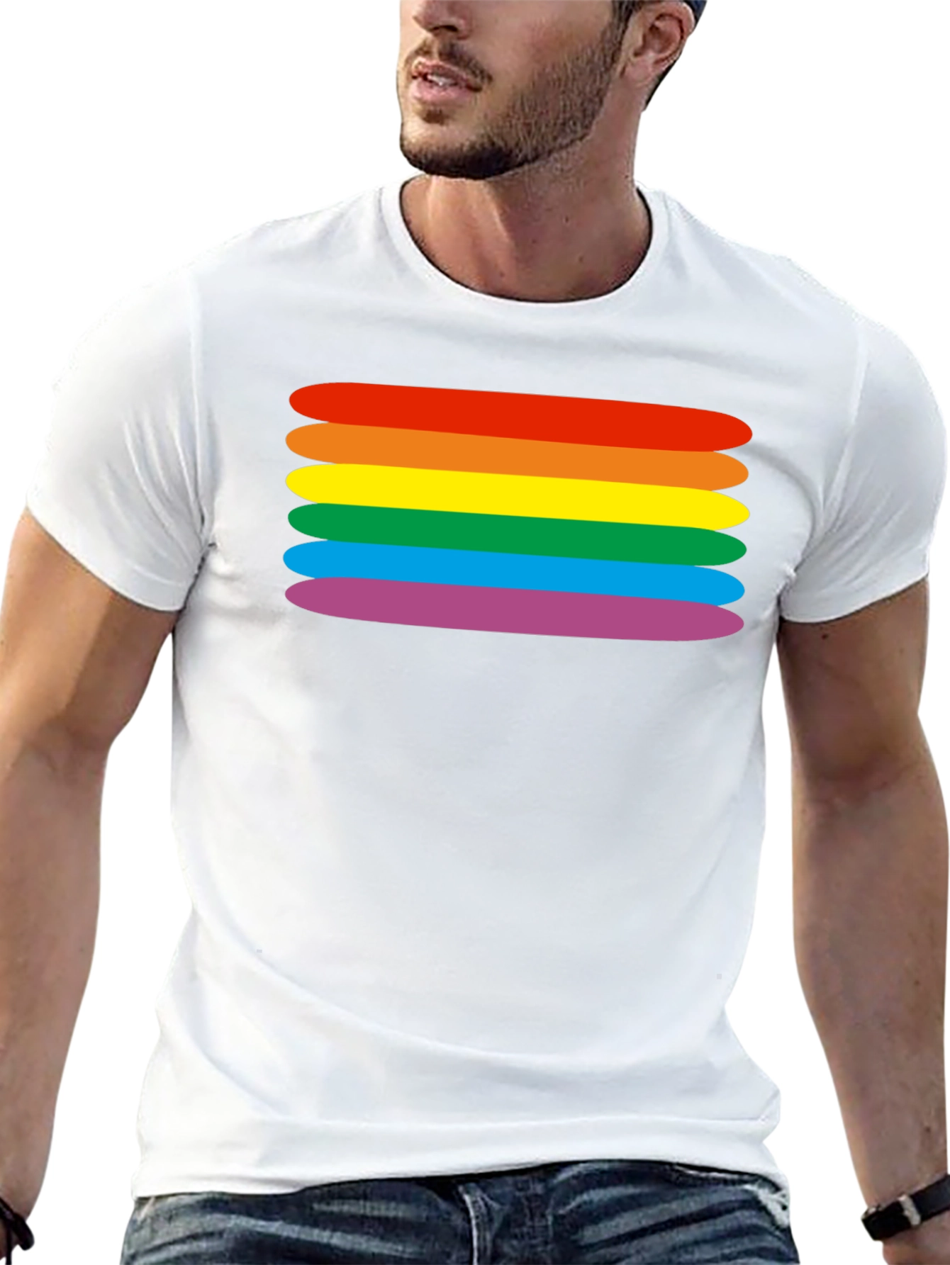Rainbow Stripes Graphic Tee - Black Cotton Blend T-Shirt