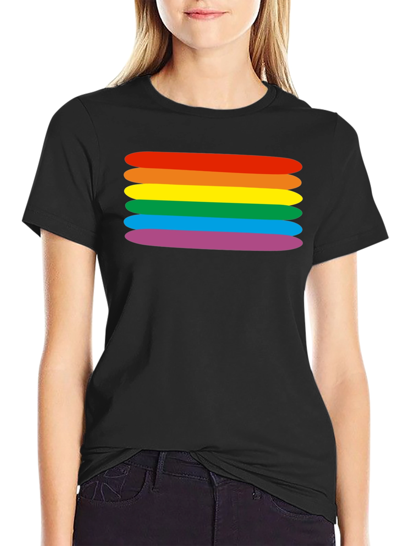 Rainbow Stripes Graphic Tee - Black Cotton Blend T-Shirt