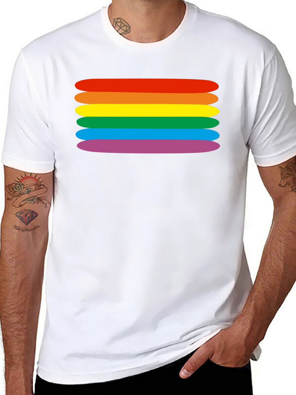 Rainbow Stripes Graphic Tee - Black Cotton Blend T-Shirt