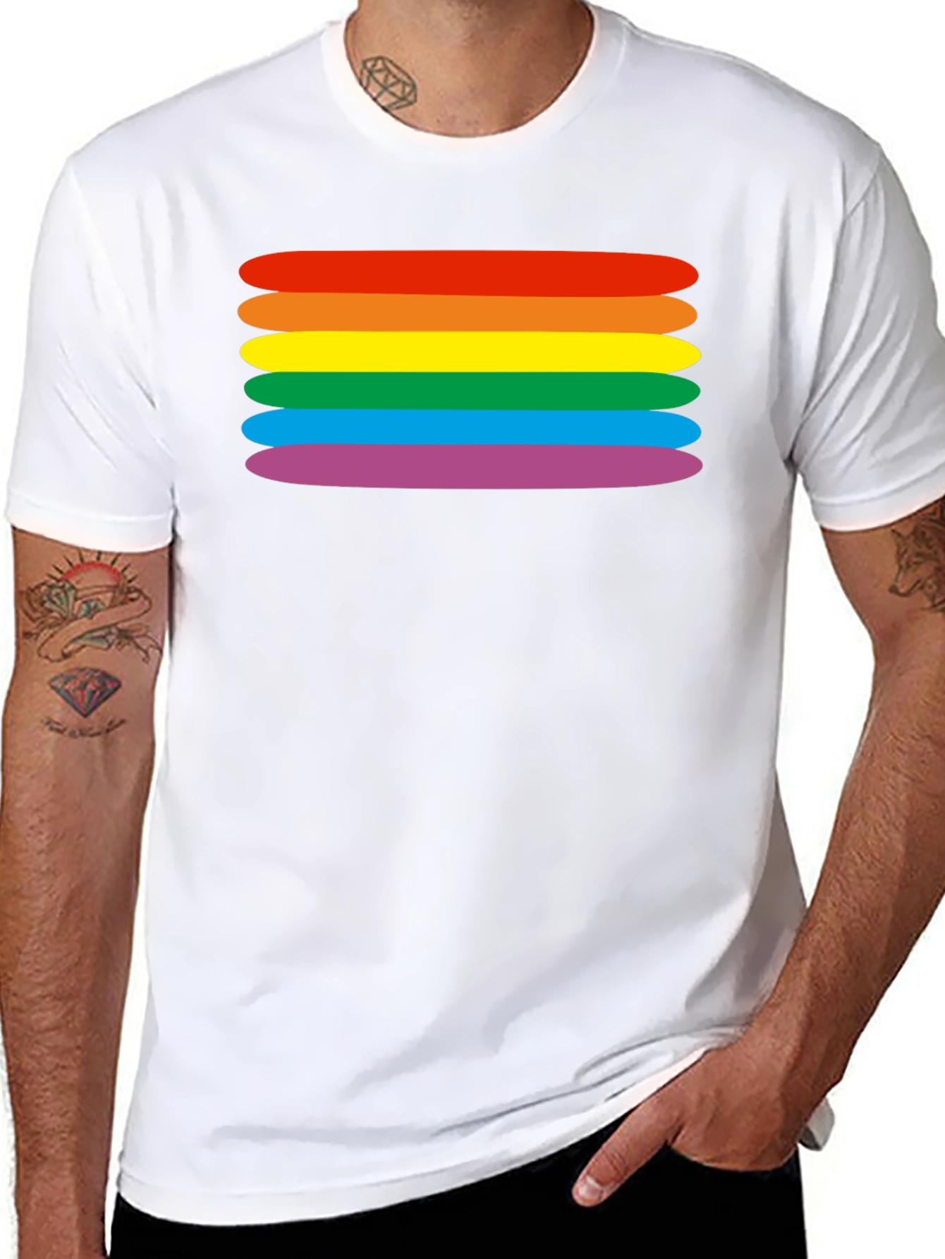 Rainbow Stripes Graphic Tee - Black Cotton Blend T-Shirt