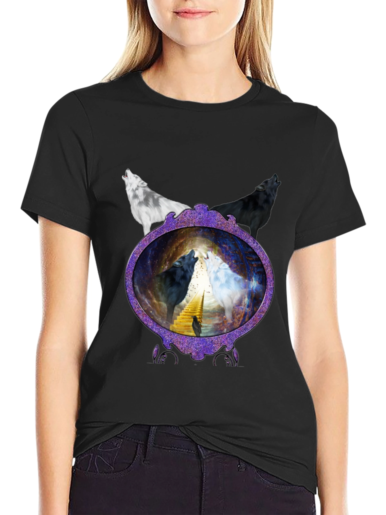 Wolf Mirror Graphic T-Shirt - Black Crew Neck Tee