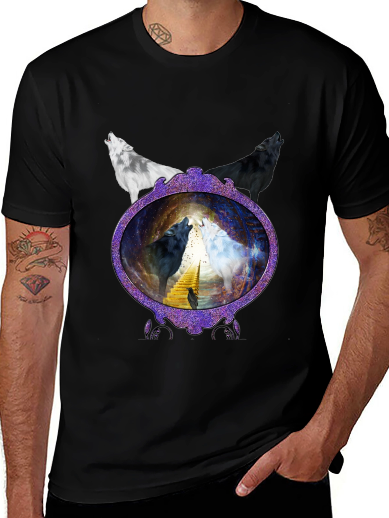 Wolf Mirror Graphic T-Shirt - Black Crew Neck Tee
