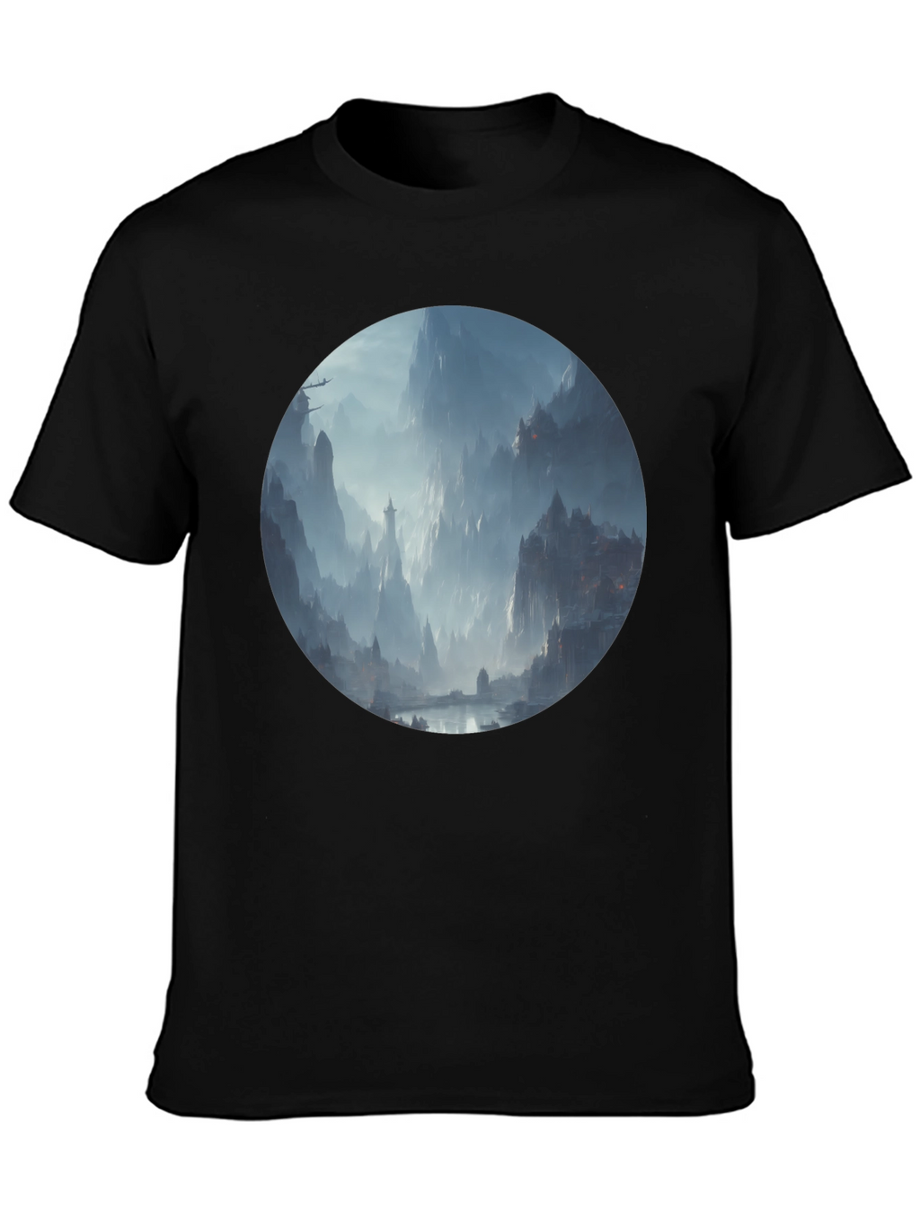 Fantasy Landscape Print Black T-Shirt