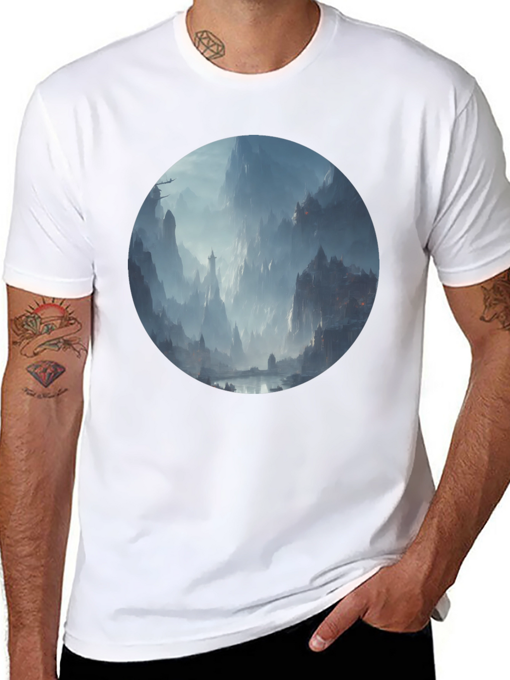 Fantasy Landscape Print Black T-Shirt