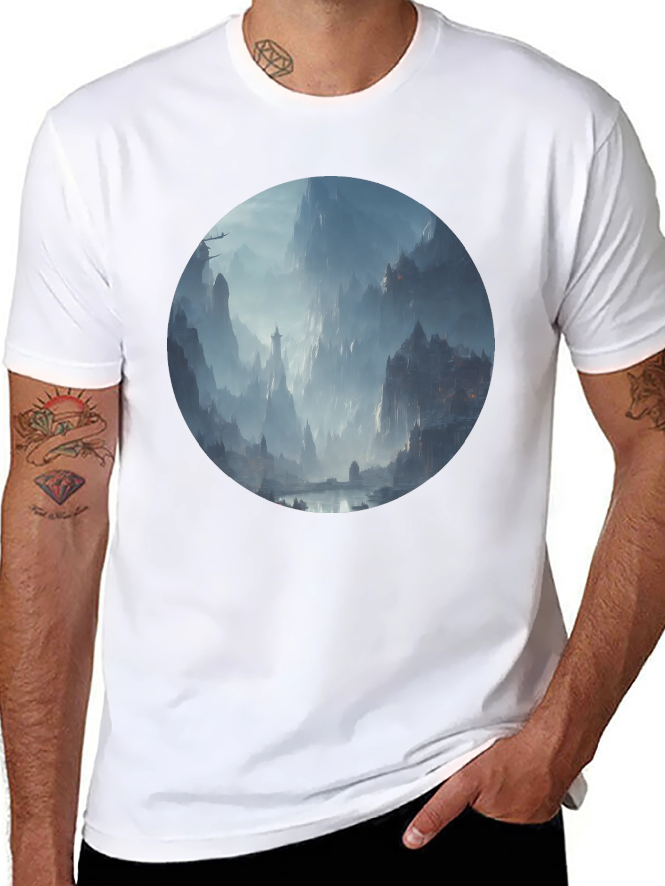 Fantasy Landscape Print Black T-Shirt