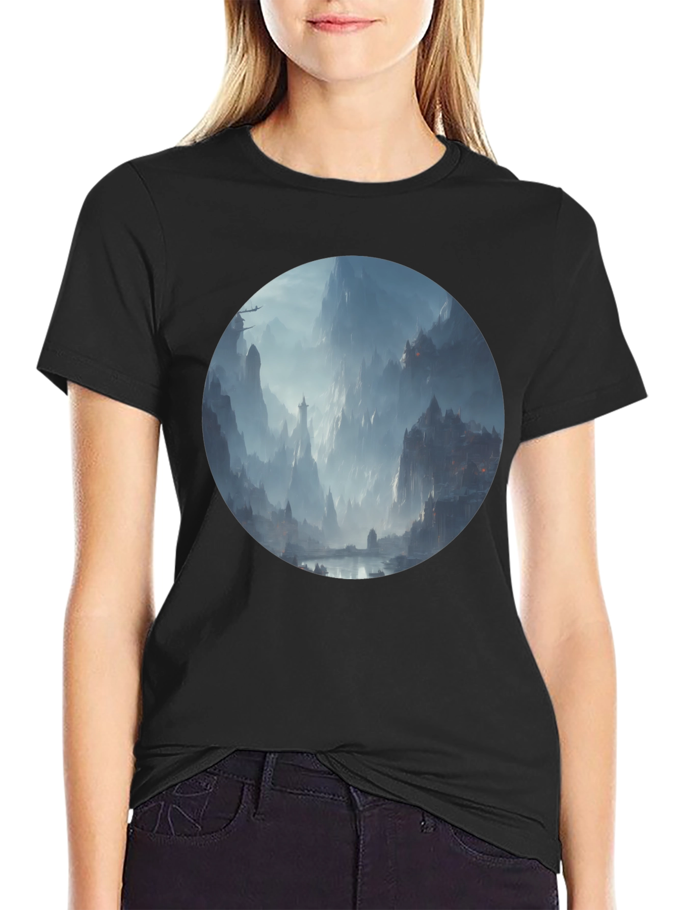Fantasy Landscape Print Black T-Shirt