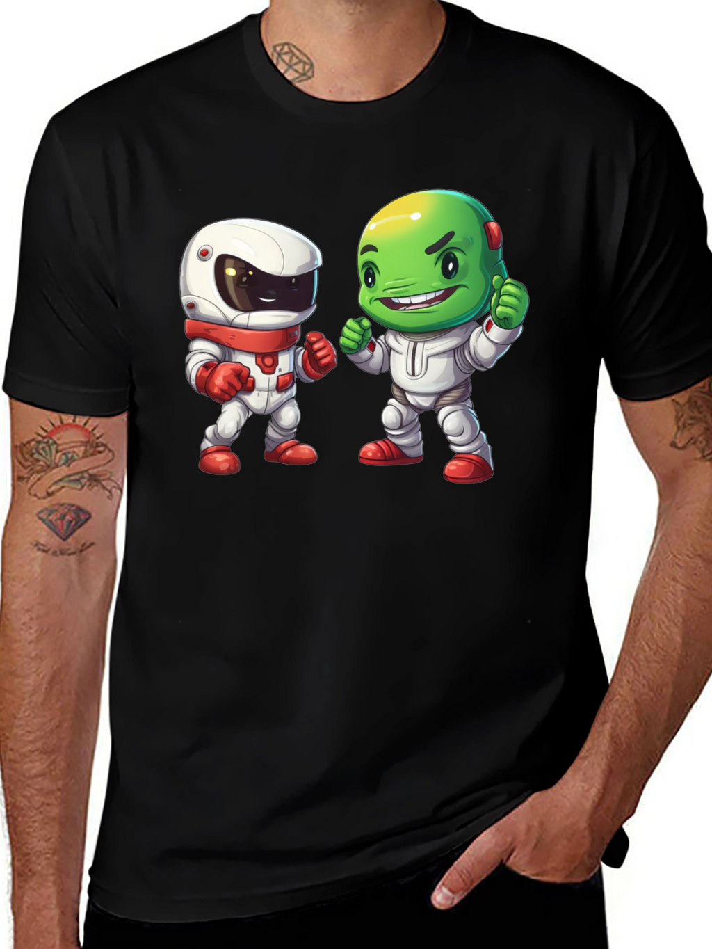 Cartoon Astronauts Black T-Shirt