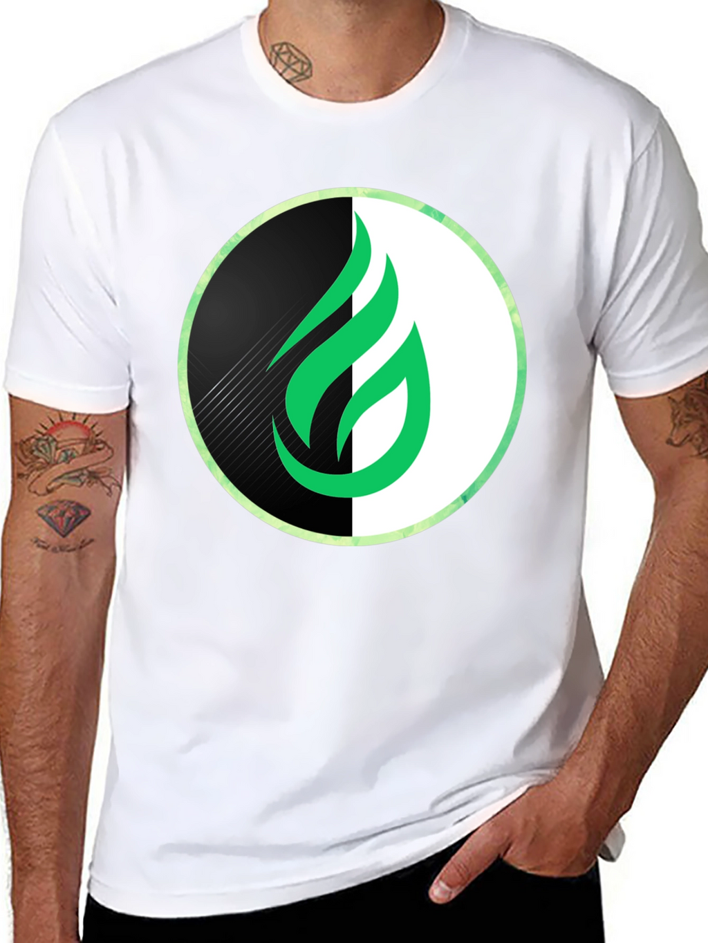 Modern Green Flame Graphic Black T-Shirt