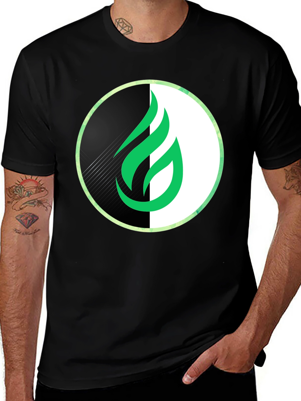 Modern Green Flame Graphic Black T-Shirt