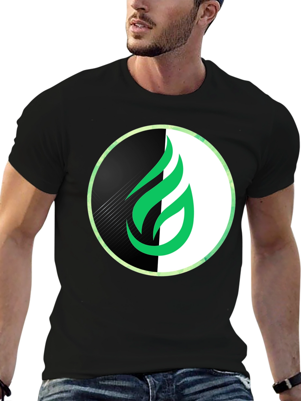 Modern Green Flame Graphic Black T-Shirt