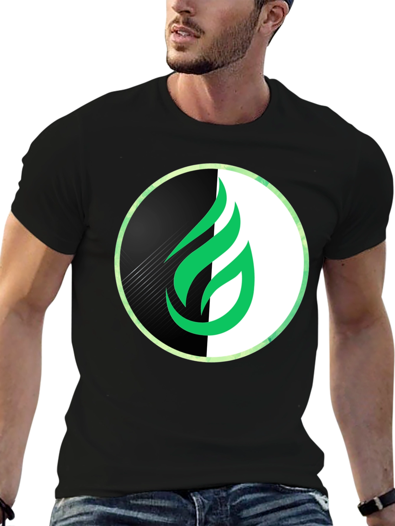 Modern Green Flame Graphic Black T-Shirt