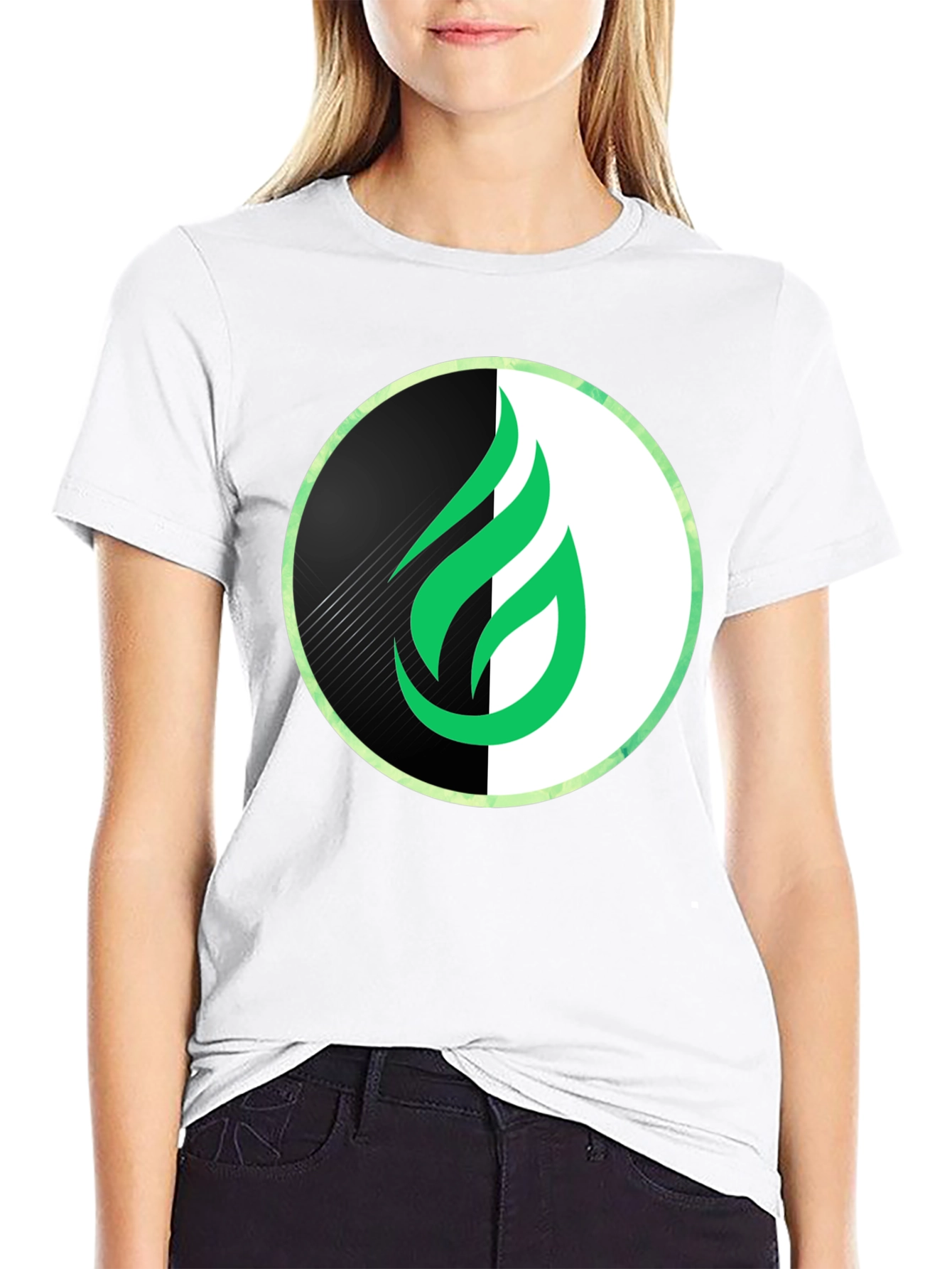 Modern Green Flame Graphic Black T-Shirt