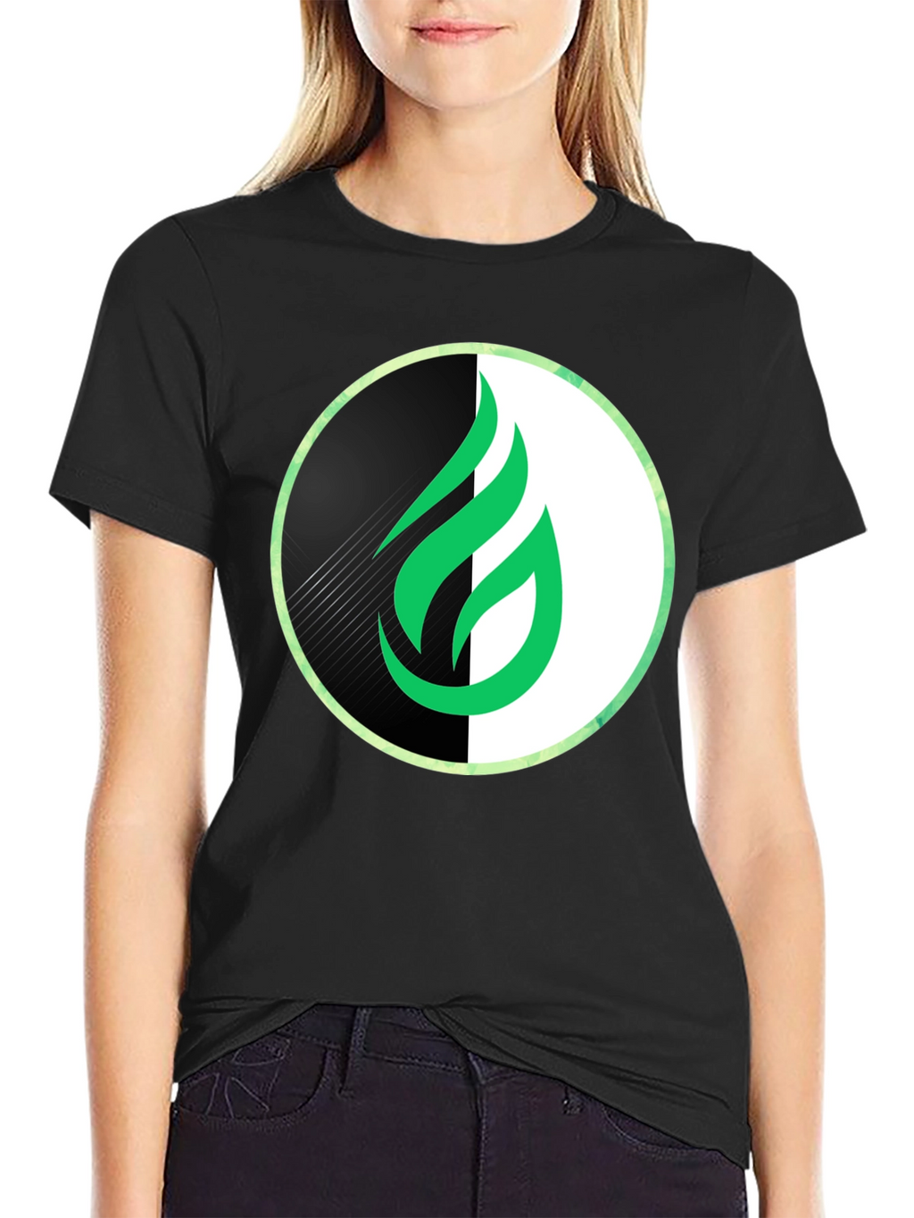 Modern Green Flame Graphic Black T-Shirt